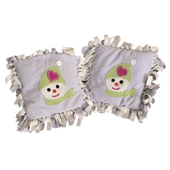 Hand Crafted Holiday Accent Pillows Fringed Fleece Covered with Snowman Patch - Picture 1 of 5